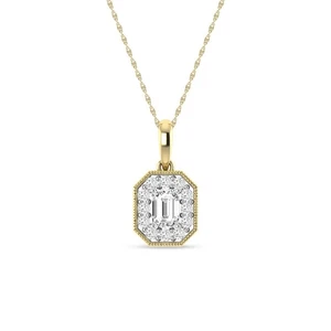 Lab Grown Diamond Women's Halo Pendant 1/2 CTTW Diamond Emerald Cut Diamond - Picture 1 of 7