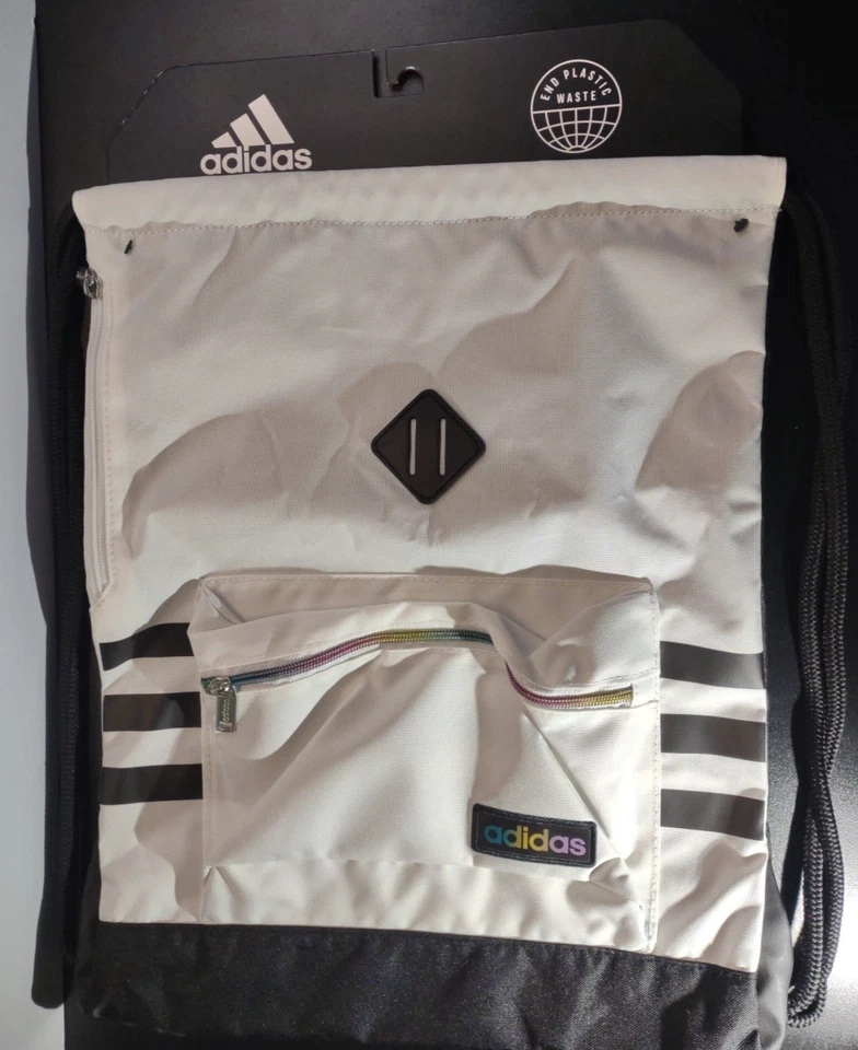 Adidas Classic 3S Strap Sack Pack White/Black/Rainbow Metallic Zipper Bag