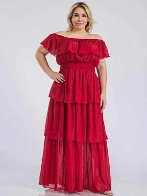 Womens Plus Size Red Cold Shoulder Maxi Dress 1X Ruffled Accents Shimmer Foto 1 de 2