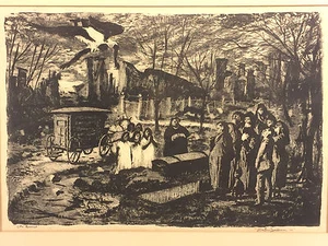Litografía vintage con impresión en madera de paisaje nocturno de Martin Jackson "The Burial" 1947 - Imagen 1 de 11