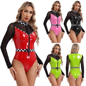 Women Leotard Patent Leather Bodysuit Racer Jumpsuit Dress-up Performance Mesh - Picture 1 of 36