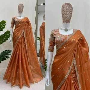 Party Wear Saree Blouse Bollywood Bridal Silk Sari Indian Wedding Bollywood New - Picture 1 of 12