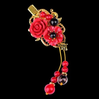 Red Jade Flower Barrette 925 Silver Jewelry Hair Clip Hairpin Natural - Image 1 of 4