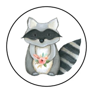 30 1.5" WOODLAND ANIMAL GIRL RACCOON BABY SHOWER FAVOR LABELS ROUND STICKERS - Picture 1 of 1