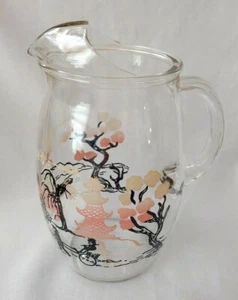56 OZ JAPANESE THEMED PAINTED GLASS PITCHER PAGODA RICKSHAW  - Picture 1 of 4