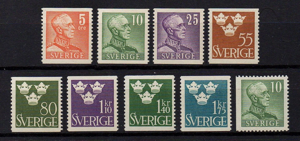 SUECIA, SCOTT # 391-399, JUEGO COMPLETO DE 9 MNH AÑO 1948 REY KUSTAF V & CORONA Foto 1 de 1