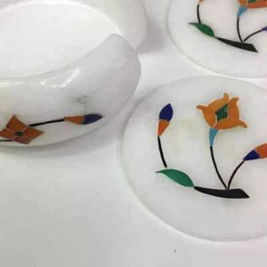 6 White Marble Floral Inlay Coaster Set Handmade Collectible Gift Items Her/ him - Picture 1 of 12