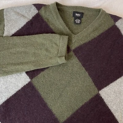 Mossimo Wool Blend Sweater Men’s Large V-neck Argyle Olive Green Purple Gray - Image 1 of 4