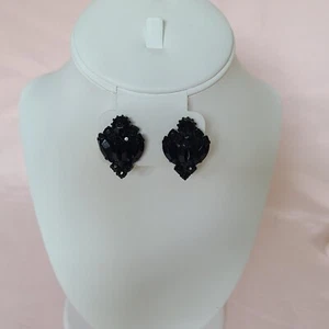 Jet Black Glass Rhinestone Clip-On Earrings Cluster Flower Gothic Vampcore Fan - Picture 1 of 8
