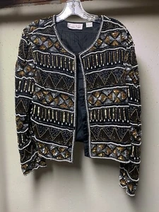 VTG Lawrence Kazar Jacket Womens Medium Beaded 100% Silk Shell Black Gold Pearl - Picture 1 of 4