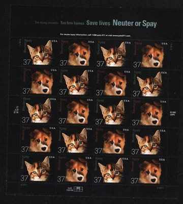 US SCOTT 3670 -71 3671a SHEET OF 20 SAVE LIVES NEUTER OF SPAY STAMPS 37 CENT MNH - Image 1 of 2