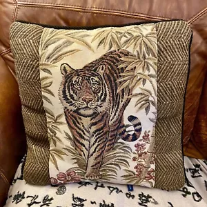 Vintage Ashford Court Asian Tiger Tapestry Bamboo Pink Floral Throw Pillow Large - Picture 1 of 12