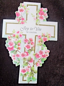 Vtg Hallmark Die Cut Cross Joy to You Easter Card PINK Cherry Blossoms UNUSED - Picture 1 of 2