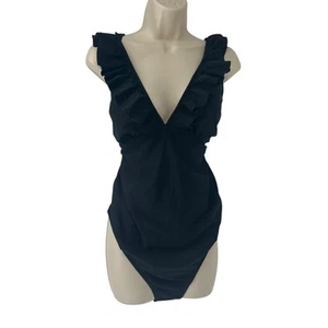 NEW Cupshe Black Maternity V Neck Ruffle Back Tie One Piece Swimsuit XL - Picture 1 of 8