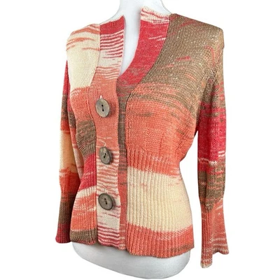 Cárdigan Suéter Orvis Para Mujer Nuevo sin Etiquetas Botón Grande Rayas Tejido Abierto Talla Grande Coral Foto 1 de 4