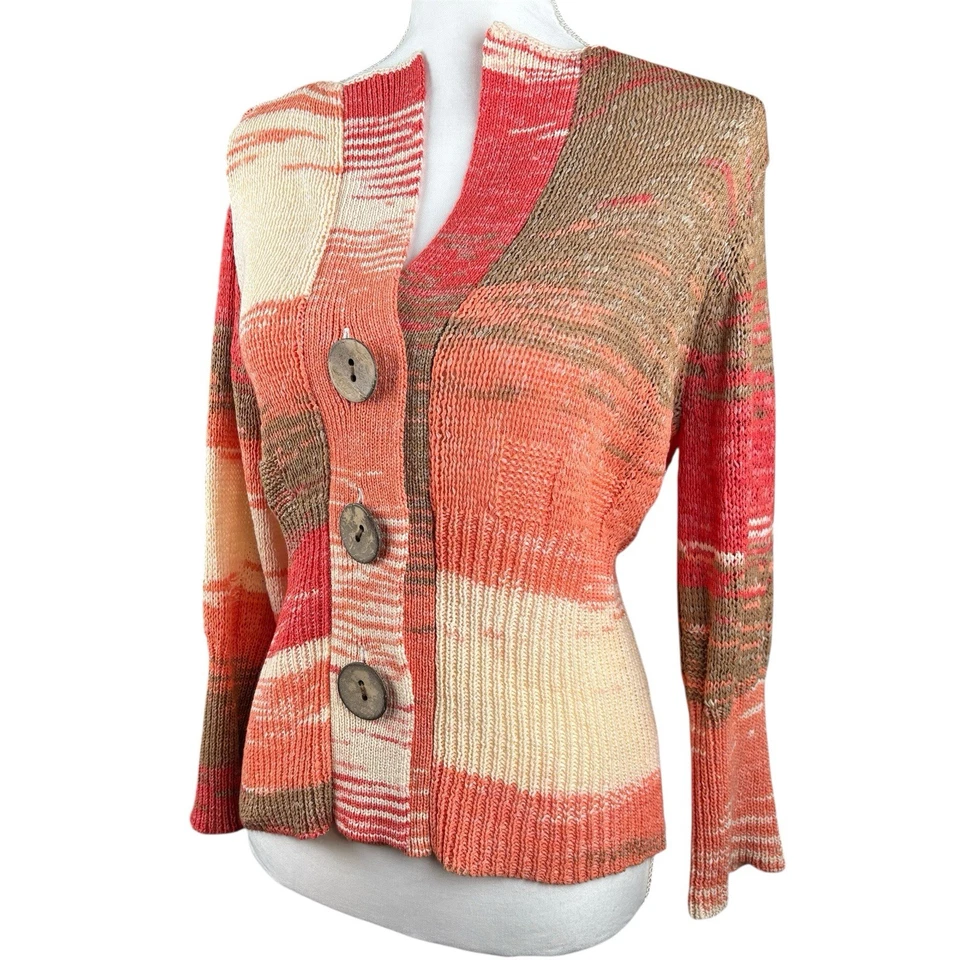 Cardigã suéter feminino Orvis novo sem etiquetas listra de botão grande tecido aberto tamanho grande coral - Imagem 1 de 4