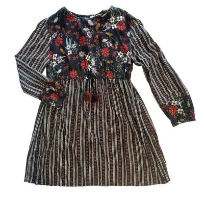 Zara Girls Floral Boho Dress Size 11/12 Black Red Tassels Mixed Prints Casual  - Image 1 of 4