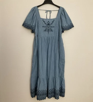 Old Navy Midi Dress Womens XL Blue Chambray Embroidered Tiered Pockets Boho - Image 1 of 4