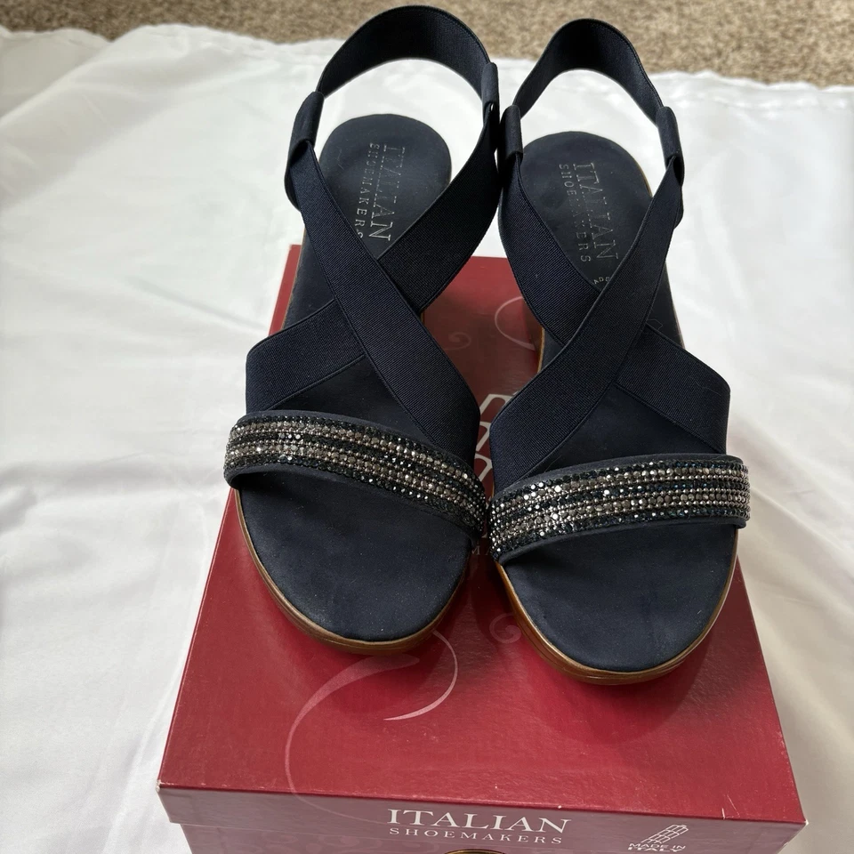 Sandalias Italianas Zapatero Cuña Estrás Punta Abierta Azul Para Mujer’s 9.5 Usadas Una Vez Foto 1 de 4