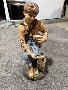 Vintage 70s Holland Mold Ceramic Country Boy Sitting On Stump Feeding Dog 17” - Picture 1 of 16