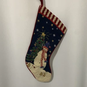 Vintage Needlepoint Snowman Christmas Tree Stocking Lined Dark Red Velvet Back - Foto 1 di 22