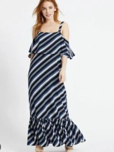 M&S Collection New Summer Navy Tiered Cold Shoulder Maxi Dress Size 14 P Petite - Picture 1 of 9