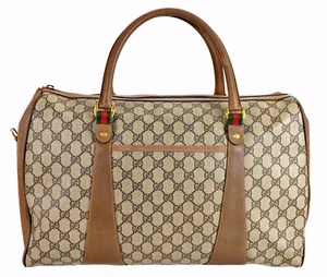 Vintage GUCCI Web GG Monogram Coated Leather Weekender Boston Duffle Bag Italy - Picture 1 of 15