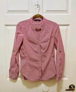 Zara Youth's V-Neck Button Shirt Top Blouse Long Sleeve Size XL Red Stripes - Picture 1 of 9