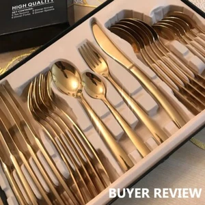 24 PCS Gold Cutlery Essential Dinnerware Set Stainless Steel Spoon-Fork-Knife - Picture 1 of 5
