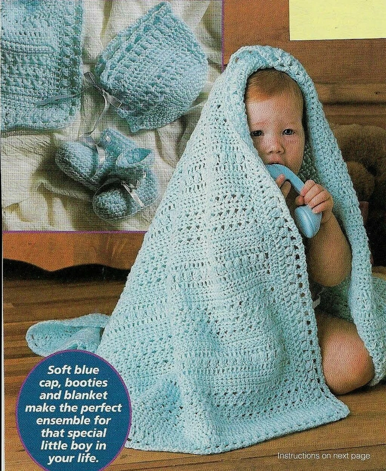 BLUE BOY SET BABY BOOTIES HAT & AFGHAN DIGEST SIZE CROCHET PATTERN INSTRUCTIONS - Image 1 of 1