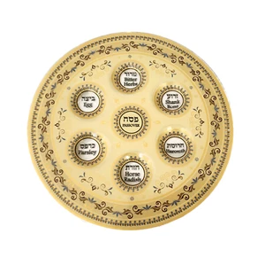 Plato Seder de Vidrio Redondo Decorado Pascua Dorado Marrón y Verde Hojas y Flores - Imagen 1 de 1