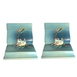 Vintage Roseville Pottery Blue Apple Blossom Bookends #359 - Picture 1 of 8