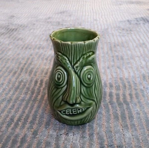 Vintage Celery Dual Face Pot Vase - 1970s double faced green ceramic jar - Picture 1 of 11