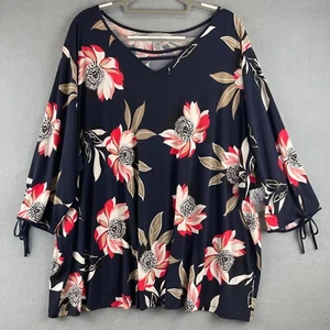 Catherines Blouse Size 3X Navy Blue Floral Liquid Knit  Boho Cottagecore - Picture 1 of 10