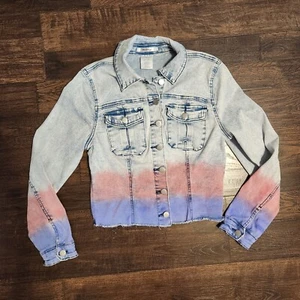 Massey's Acid Wash Cropped Ombre Pink Purple Raw Hem Jean Jacket Womens Sz Small - Picture 1 of 14