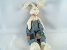 Tender Heart Treasures Rabbit Rag Doll Frayed Overalls Inside Out Stitched 1995