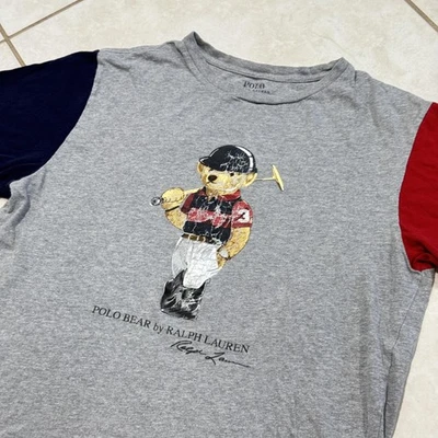 Polo Ralph Lauren Shirt Youth XL Gray Polo Bear Colorblock Graphic Tee Red Navy - Image 1 of 4