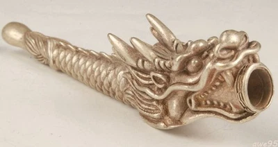 Chinese Tibetan Silver Hand-carved Dragon Smoking Pipe collect     - Image 1 of 4