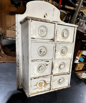 Antique 8 Drawer Spice Cabinet Wall Mount Primitive Vtg Old Paint Farm House - Image 1 of 4