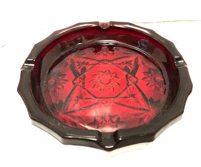 TWO--Large Cigar Ashtrays Star of David Ruby Red Pattern Glass Anchor Hocking - Image 1 of 4