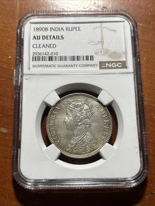 1890B British India Victoria Silver Rupee - NGC AU Details - Picture 1 of 4