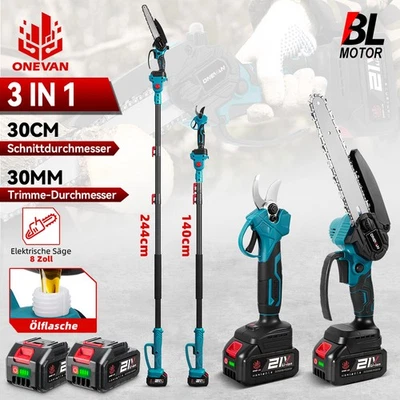 ONEVAN 21V Akku Kettensäge Teleskop Hochentaster Gartenschere mit 2 Akkus und Ladegerät