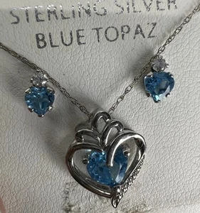 Sterling Silver Heart Shaped Earrings & Necklace Set, Blue Topaz Hearts - Picture 1 of 2