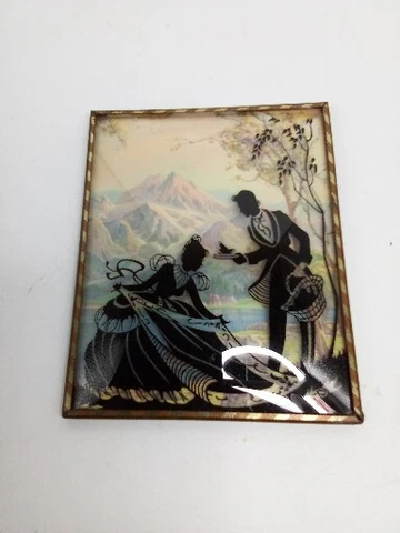Reverse Painting Convex Glass Silhouette Colonial Gentleman Lady Picnic 5 Inches Cover