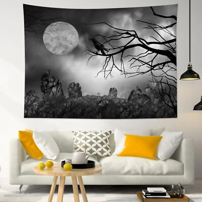 Tapiz de Halloween de murciélago cementerio espeluznante luna llena para dormitorio sala dormitorio Foto 1 de 4