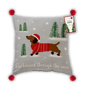 🐶 Dackel durch den Schnee Kissen 🎄 Festliche Bommel Winter Deko 43x43cm - Bild 1 von 1
