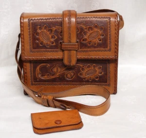 Vintage handgefertigte Leder Box Stil Schulter/Handtasche Handtasche Sonnenblumen Azteken - Bild 1 von 10