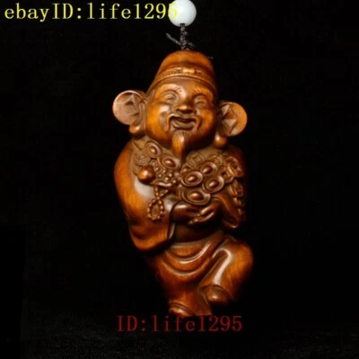 3.1" boj chino tallado a mano dios de los ricos estatua netsuke coleccionable regalo Foto 1 de 4