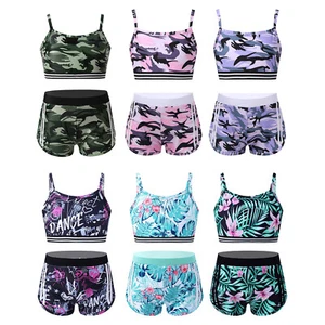 Kids Girls 2-Piece Athletic Outfits Camouflage Swim Active Shorts and Top Sets - Picture 1 of 124