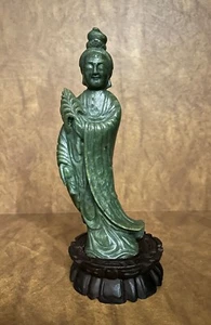 Vintage Chinese Hand Carved Nephrite/aka Spinach Jade Quanyin Figure - Picture 1 of 9